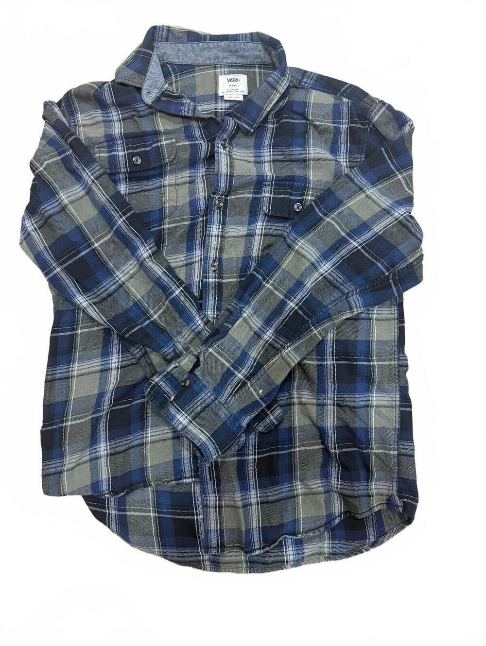 Vans Men’s Med Plaid Flannel Shirt Blue Green Classic Fit Long Sleeve Button Up